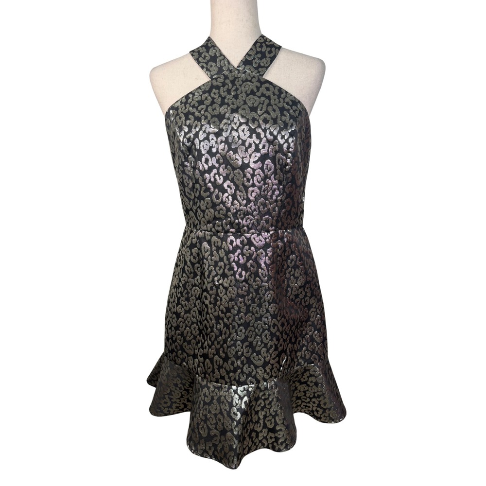 Hutch Metallic Leopard Jacquard Halter Dress Womens 8 Black Silver Ruffle Party